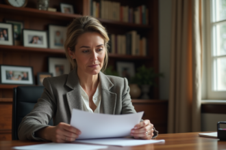 Femme d'âge moyen lisant des documents juridiques dans un bureau