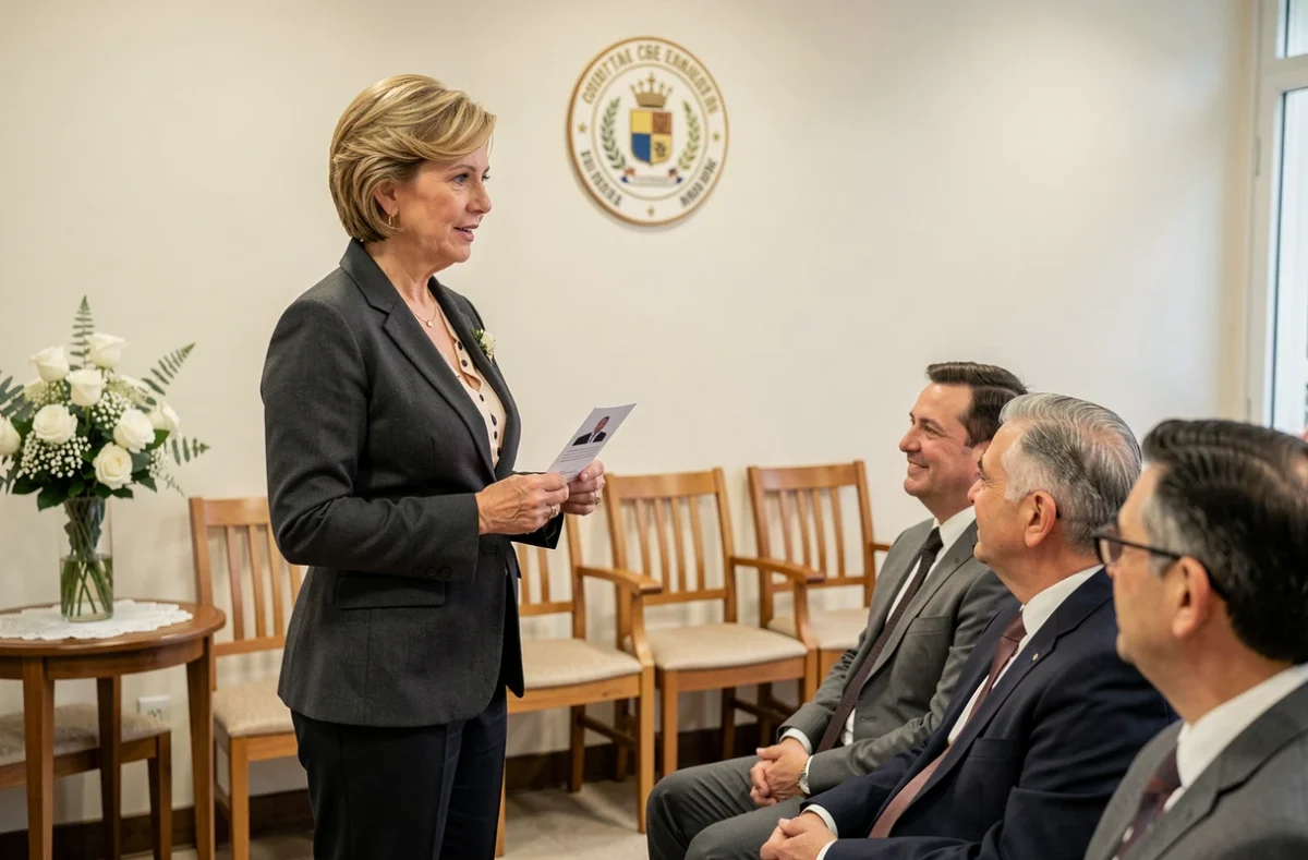 Femme officiant une cérémonie de mariage civil en lisant un discours devant les mariés dans une mairie