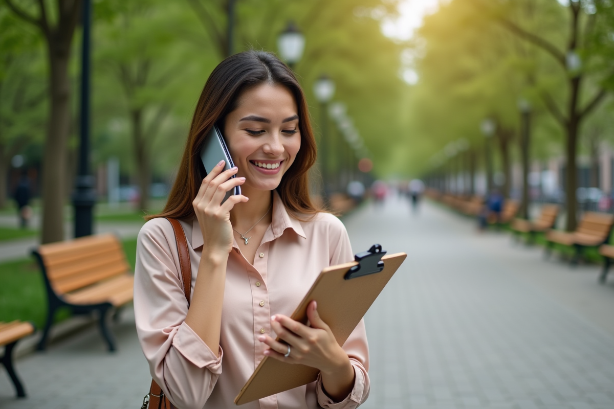 Jeune femme organisant un événement dans un parc urbain
