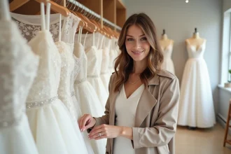 Femme souriante dans une robe de mariage à Bordeaux