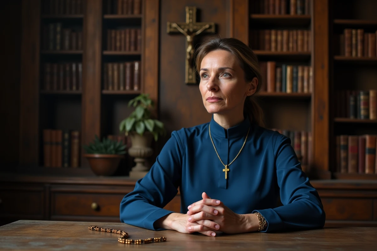 Femme en robe bleue tenant un rosaire dans une bibliothèque ancienne
