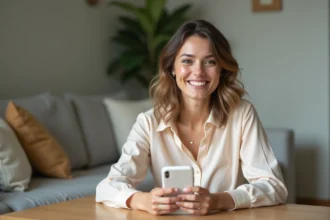 Femme souriante en blouse pastel tenant un smartphone