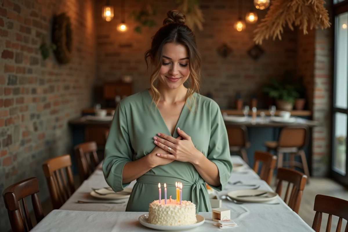 Femme surprise et émue devant une demande en mariage lors de son anniversaire avec bague et gâteau sur la table