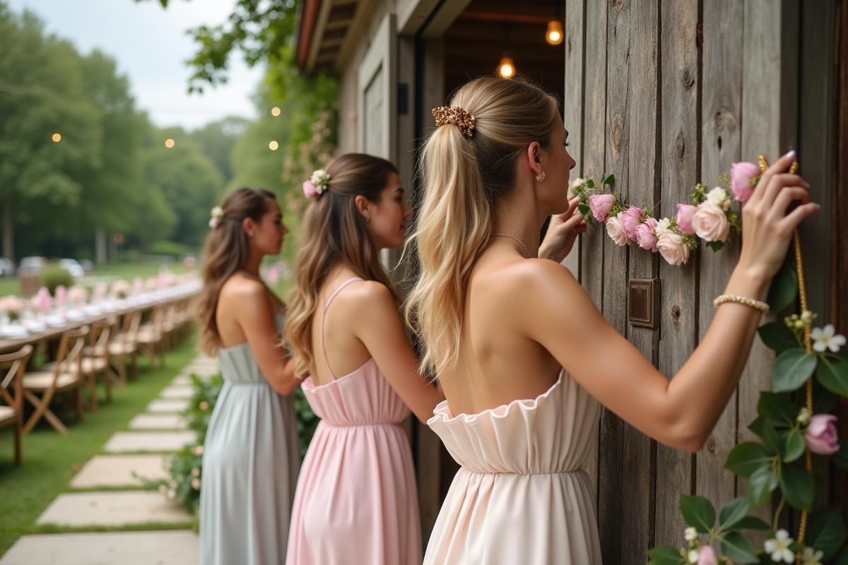 Femmes décorant une réception de mariage en extérieur