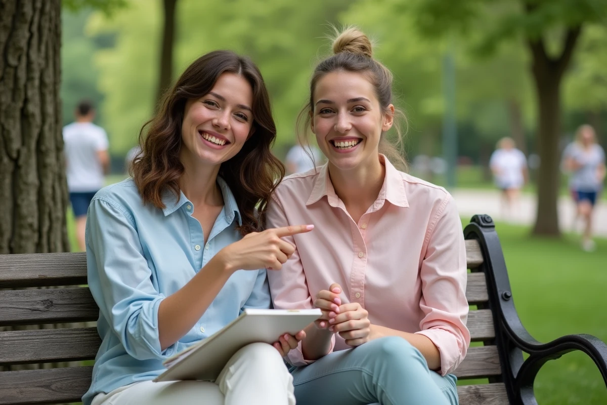 Deux femmes assises dans un parc en été