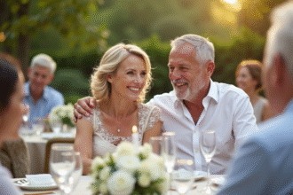 Couple souriant lors d'une fête d'anniversaire en plein air