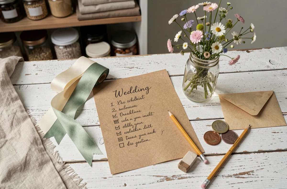 Flat lay de planification de mariage économique avec liste de contrôle manuscrite, fleurs sauvages et échantillons de ruban