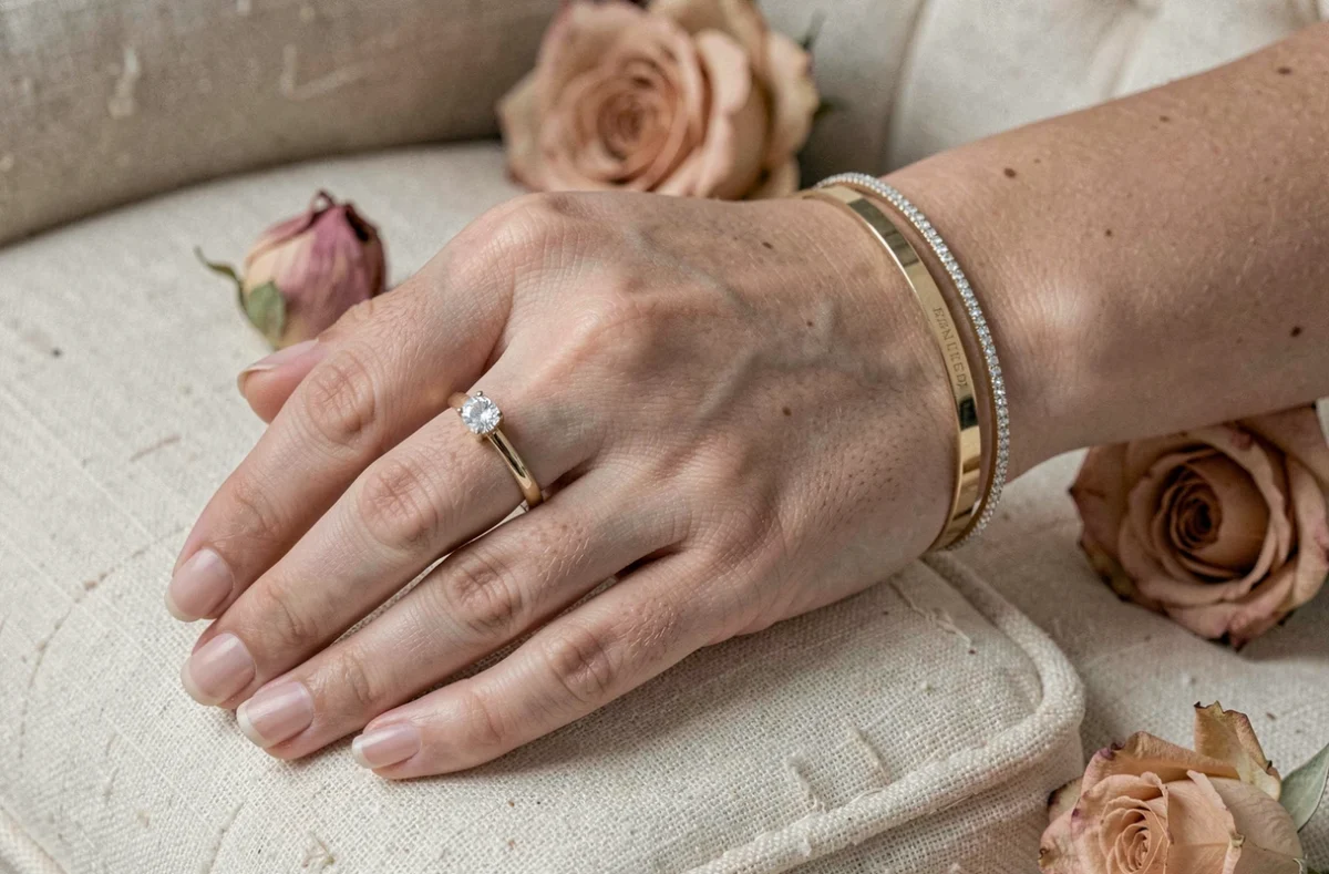 Gros plan sur le poignet d'une mariée portant un bracelet en or pavé, une bague solitaire et une alliance empilés
