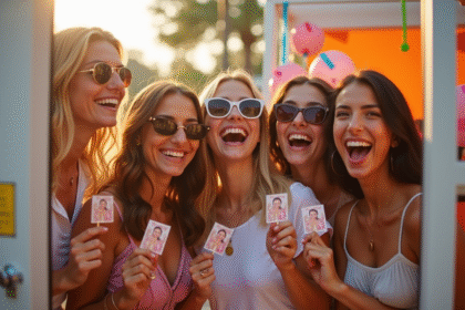 Groupe d'amis souriants dans un photo booth extérieur lors d'un événement