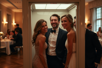 Groupe d'amis riant dans un photobooth lors d'une reception