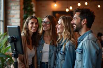 Groupe d'amis riant devant un photobooth vintage lors d'un événement