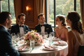 Groupe d'adultes souriants autour d'une table élégante