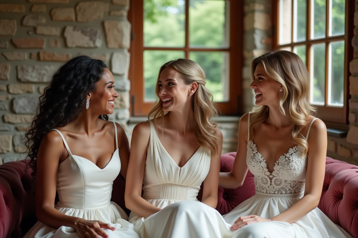 Trois femmes en robes de mariée 2026 discutent et rient ensemble