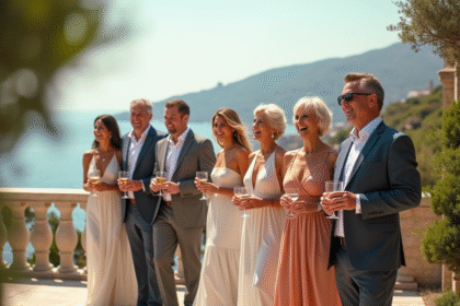 Groupe d'invites mariage sur terrasse ensoleillee