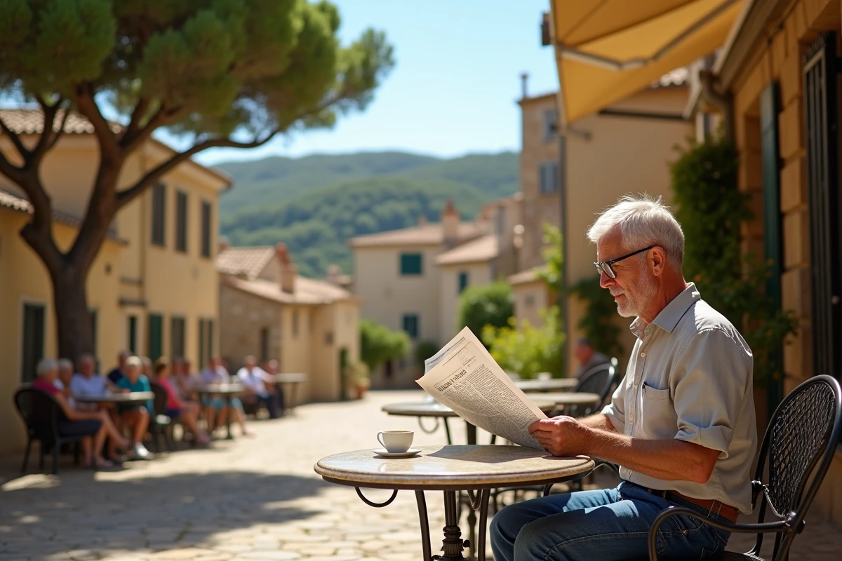 Habitant de Gordes lisant un journal en terrasse de café sur la place du village, ambiance provençale estivale