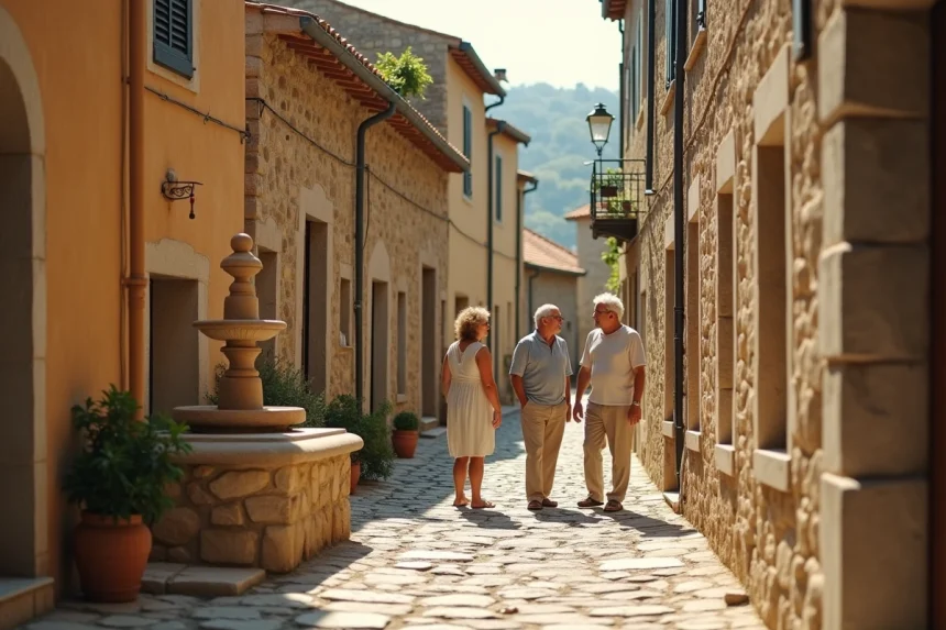 Habitants du village de Gordes discutant dans une ruelle en pierre, architecture provençale typique en arrière-plan