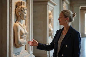 Conservatrice de musée devant un bas-relief en marbre représentant Héra, déesse grecque et épouse de Zeus, dans une galerie archéologique