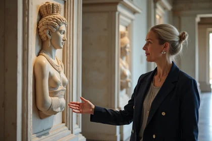 Conservatrice de musée devant un bas-relief en marbre représentant Héra, déesse grecque et épouse de Zeus, dans une galerie archéologique