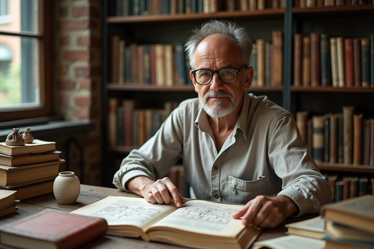 Professeur de lettres classiques étudiant des manuscrits illustrés sur Héra et la mythologie grecque dans un bureau universitaire