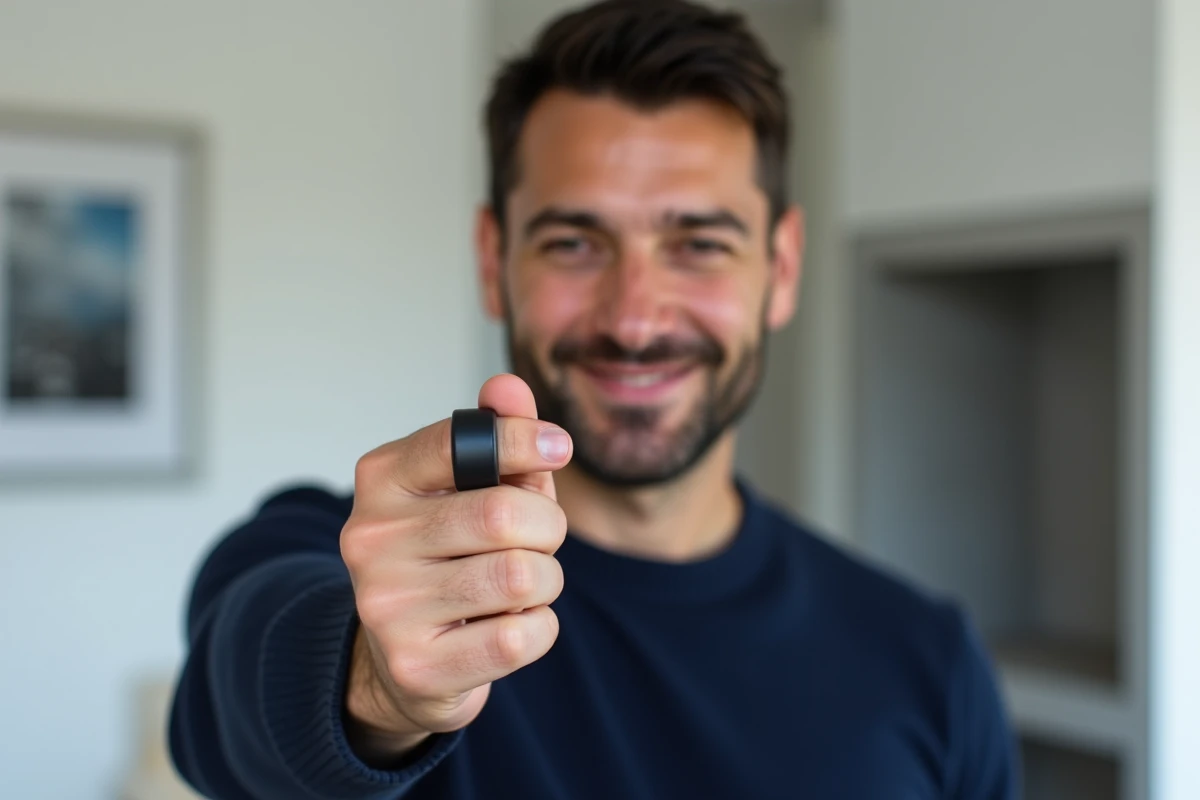 Jeune homme examinant une bague noire portée à l'auriculaire, illustration de la personnalité à travers le choix du doigt
