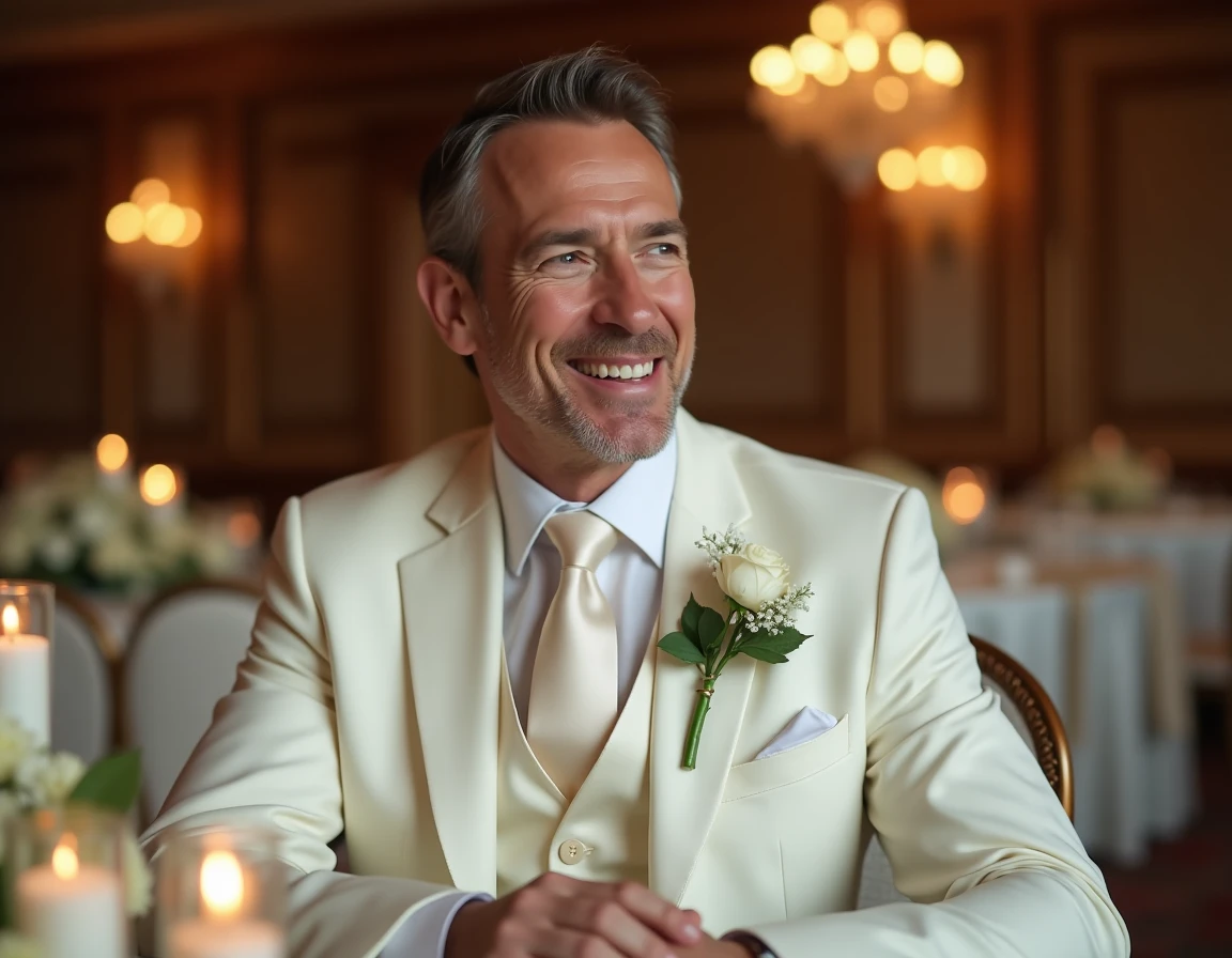Homme en costume de marié assis à la table de réception lors d'un mariage cinématographique inspiré du Nounou mariage