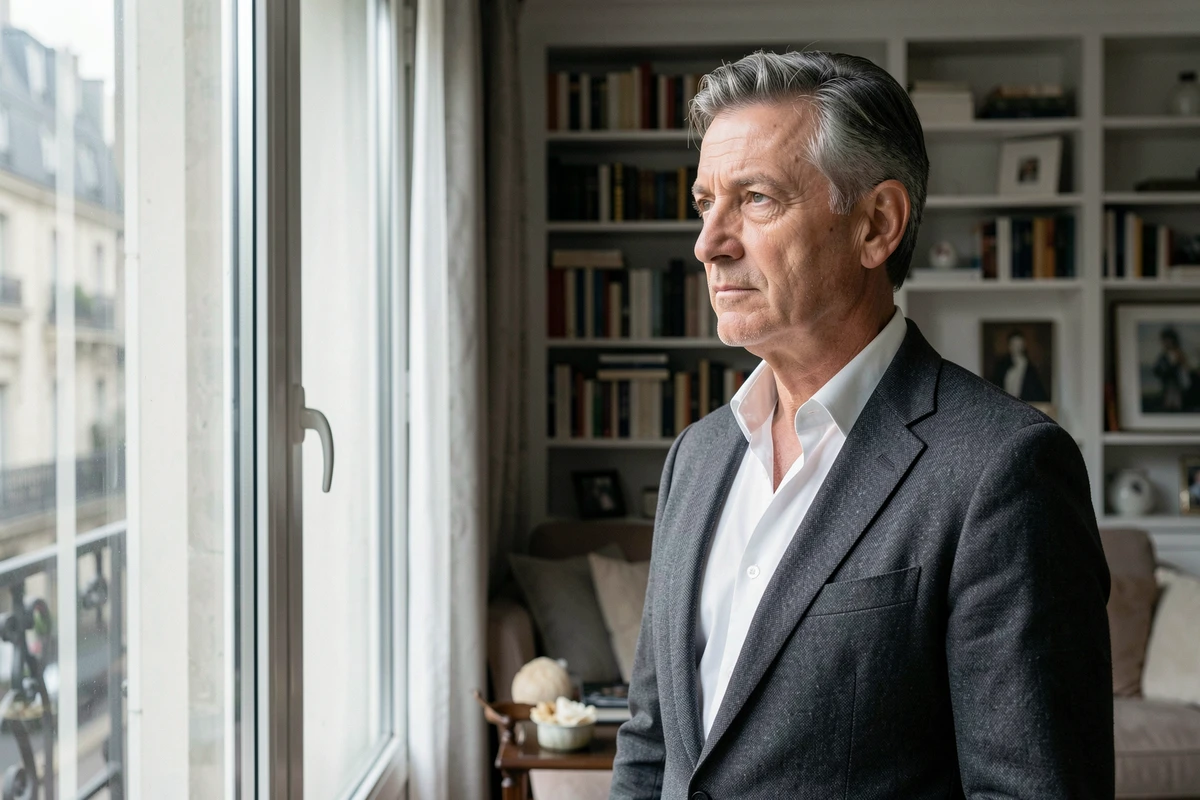 Portrait d'un homme distingué dans un appartement parisien, regard pensif vers la fenêtre