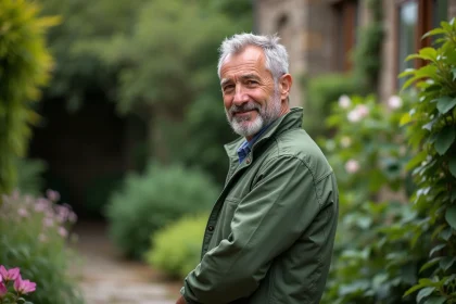 Homme d'âge moyen dans un jardin verdoyant et fleuri