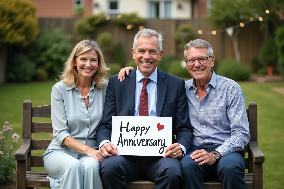 Homme souriant avec panneau anniversaire dans le jardin