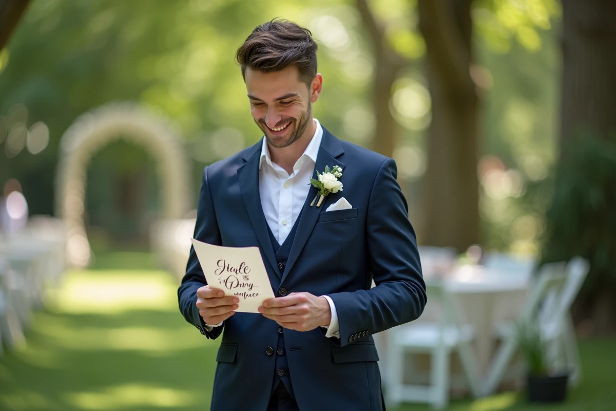 Homme en costume lisant une carte de mariage dans un parc