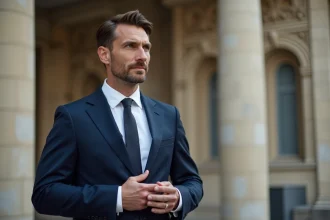 Portrait d'un homme politique élégant en costume marine devant une façade parisienne, illustrant le flou autour de sa vie sentimentale