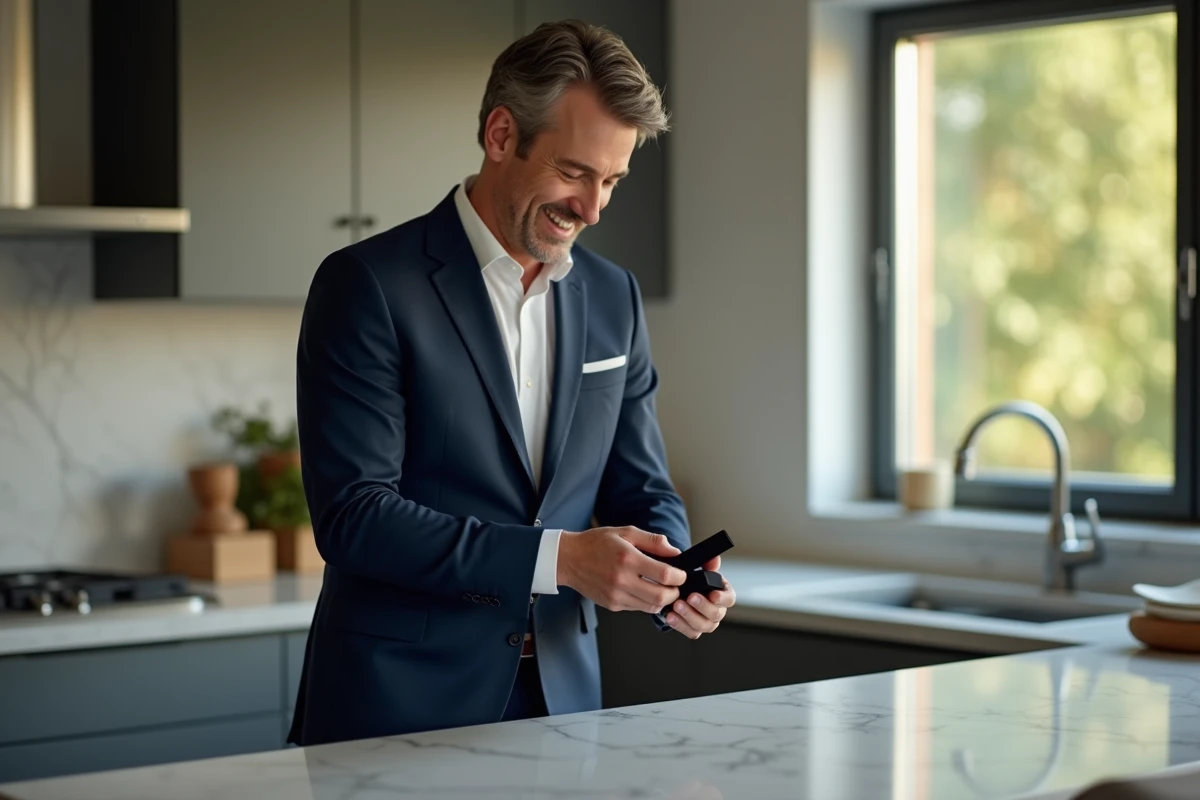 Homme en costume présentant une bague dans une cuisine moderne