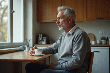 Homme d'âge moyen pensif dans une cuisine chaleureuse