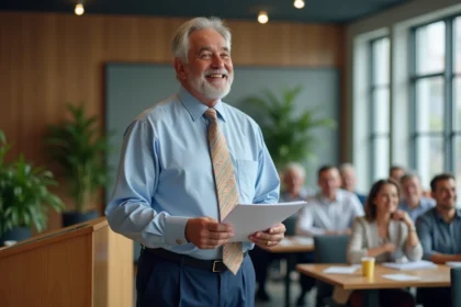 Homme souriant en costume lors d'un discours de retraite
