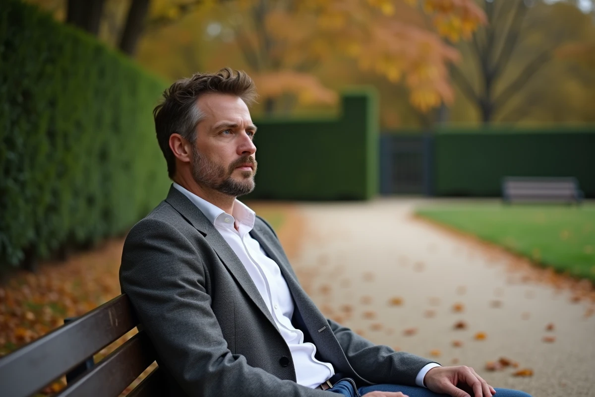 Homme en veste grise assis seul sur un banc dans un jardin français à l'automne, évoquant la discrétion de sa vie privée