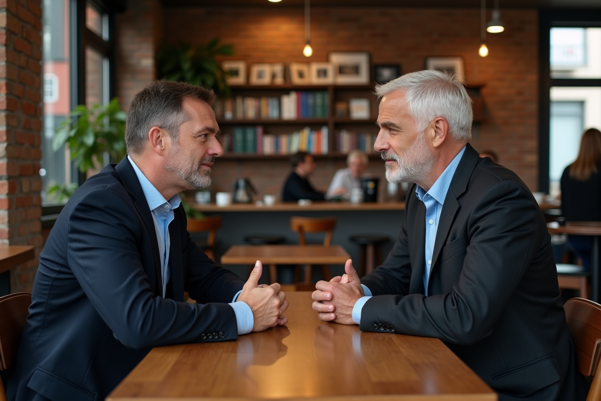 Deux hommes en costume discutant dans un café urbain