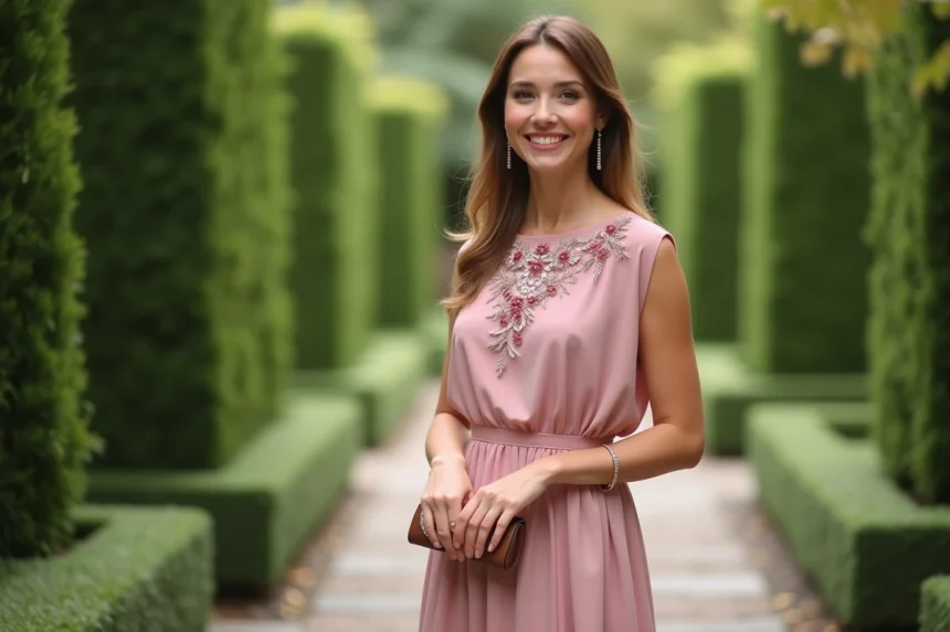Invitée de mariage en robe rose poudré midi avec broderies florales dans un jardin élégant