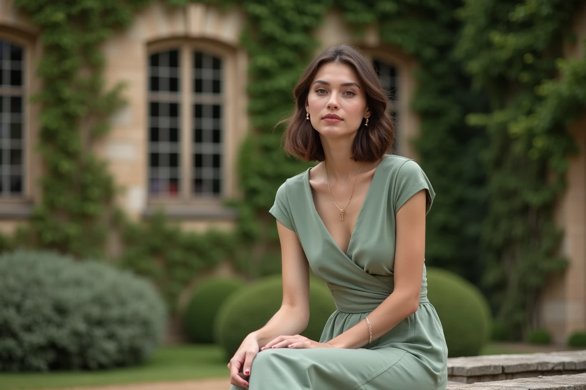 Invitée stylée en robe vert sauge devant un château français lors d'une cérémonie de mariage