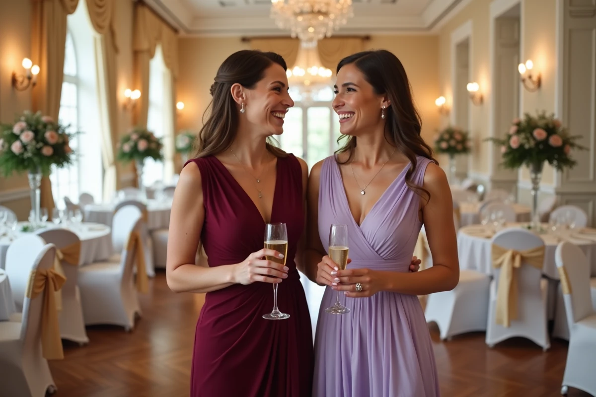 Deux invitées de mariage en robe bordeaux et lavande dans une salle de réception décorée