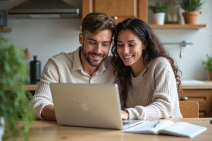 Jeune couple regardant un ordinateur dans la cuisine lumineuse