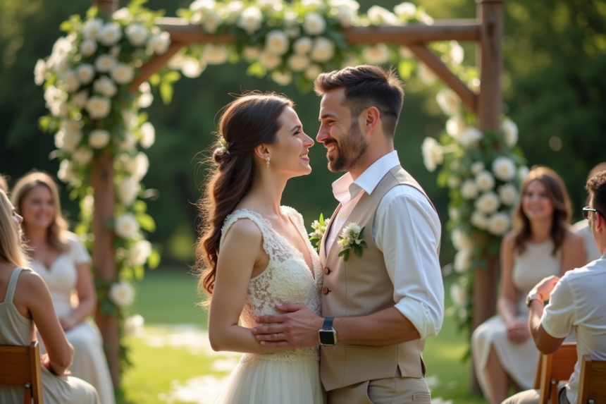 Jeune couple souriant dans un jardin fleuri lors d'un mariage