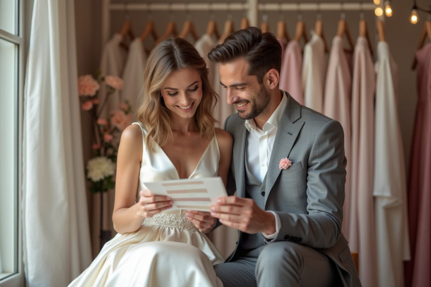 Jeune couple discutant couleurs mariage dans boutique