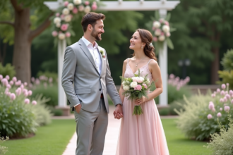 Jeune couple riant lors d'un mariage en jardin