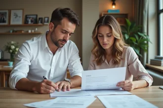 Jeune couple en tenue élégante examine factures de mariage