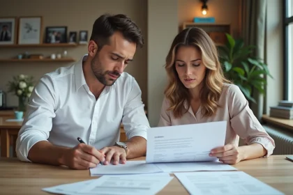 Jeune couple en tenue élégante examine factures de mariage