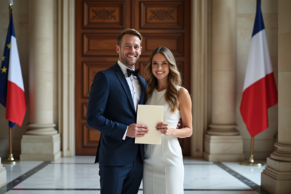 Jeune couple en robe et costume dans la mairie historique