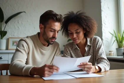 Jeune couple marié regardant des documents dans une cuisine parisienne