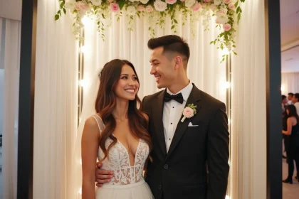 Jeune couple marié riant dans un photobooth moderne