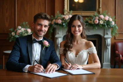 Jeune couple marié signant le registre dans une salle élégante