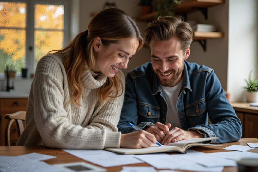 Jeune couple planifiant leur mariage dans la cuisine
