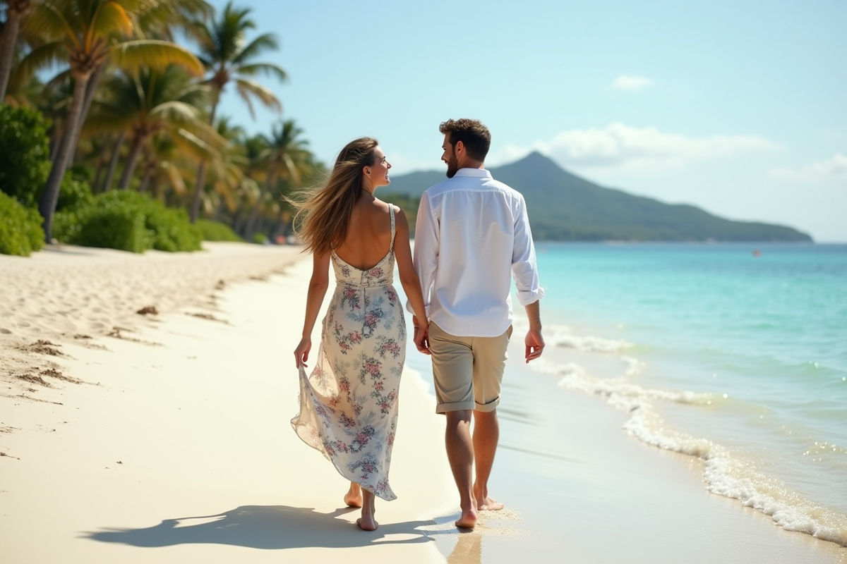 Jeune couple marchant sur une plage tropicale en riant